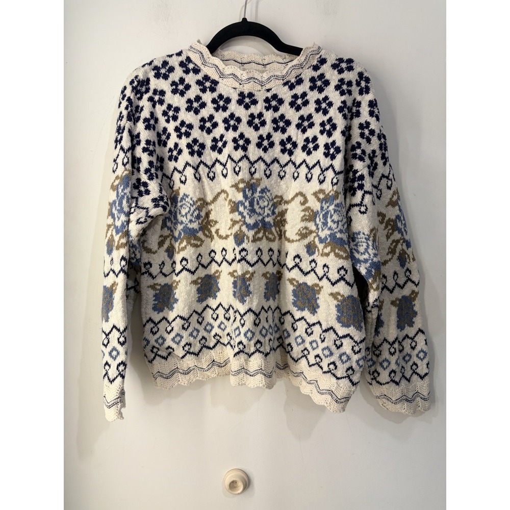 Vintage 80s Denim Republic Floral Sweater Made USA Cotton Blend Size L